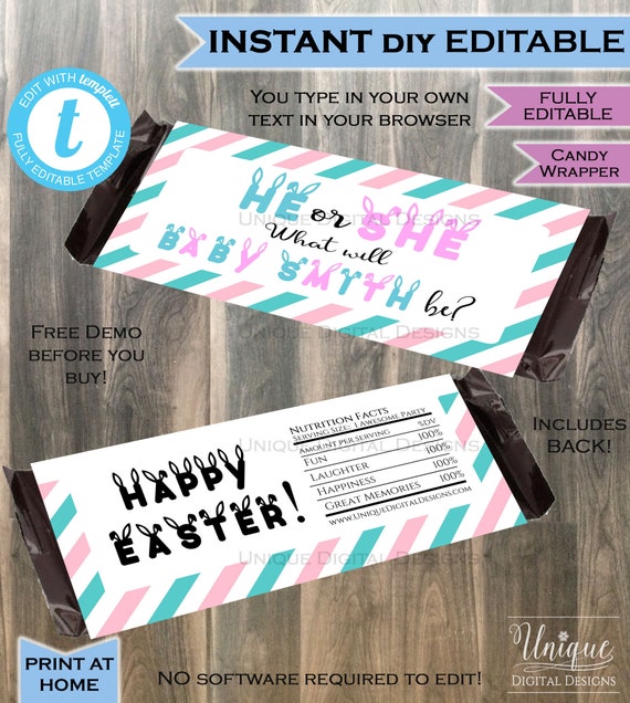 He or She Gender Reveal Candy Bar Wrapper Chocolate Bar Easter | Etsy