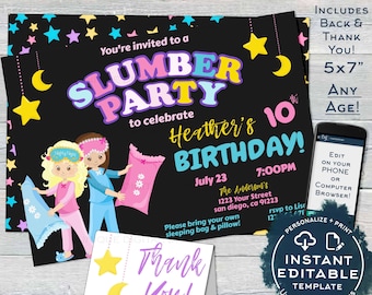 Slumber Party Invitation, Editable Girls Birthday Sleepover Birthday Party Printable Invite, ANY Age, Pajama Party Custom INSTANT ACCESS