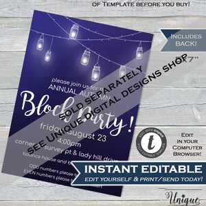May include: A purple and gray invitation with a white background. The invitation is for a block party. The text on the invitation reads "Block Party!" and "Sold Separately Unique Digital Designs Shop".
