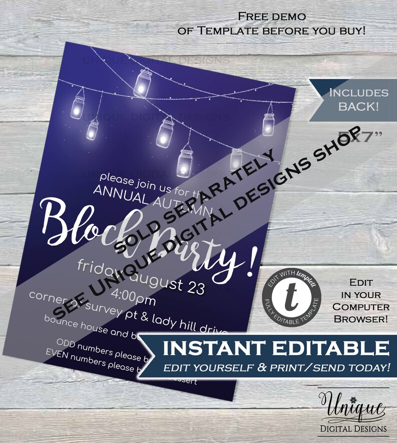 May include: A purple and gray invitation with a white background. The invitation is for a block party. The text on the invitation reads "Block Party!" and "Sold Separately Unique Digital Designs Shop".