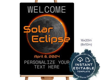 Editable Total Solar Eclipse Party Welcome Sign, 2024 Solar Eclipse Party, Eclipse Viewing Party Printable Decorations diy INSTANT