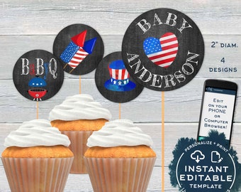 4th of July BaByQ Cupcake Toppers, Editable Baby Shower Gender Reveal BBQ, Printable Cake Favor Tags Decorations Template INSTANT ACCESS