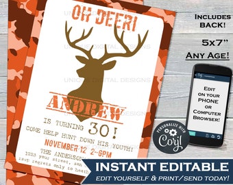 Hunting Birthday Invitation, Editable Hunting Party Invitation, Oh Deer Printable Invite 30th Hunting Theme Party Corjl INSTANT ACCESS 5x7