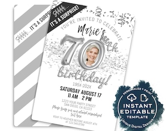 Editable Surprise 70th Birthday Invitation with Photo, Platinum Birthday Invite Template, Look Who's 70, 70th Birthday Printable Kit INSTANT