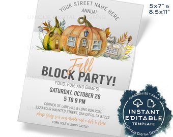 Fall Block Party Invitation, Editable Street Party Invite, Fall Neighborhood Costume Party Flyer, Backyard BBQ hoa Digital Printable INSTANT