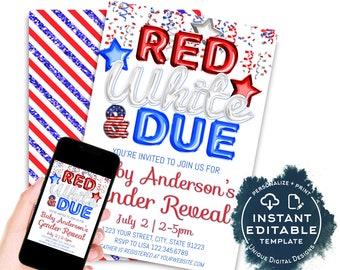 4th of July Gender Reveal Invitation, Editable Red White and Due BBQ Invite, July 4th Baby Shower Fireworks Party Printable Template INSTANT