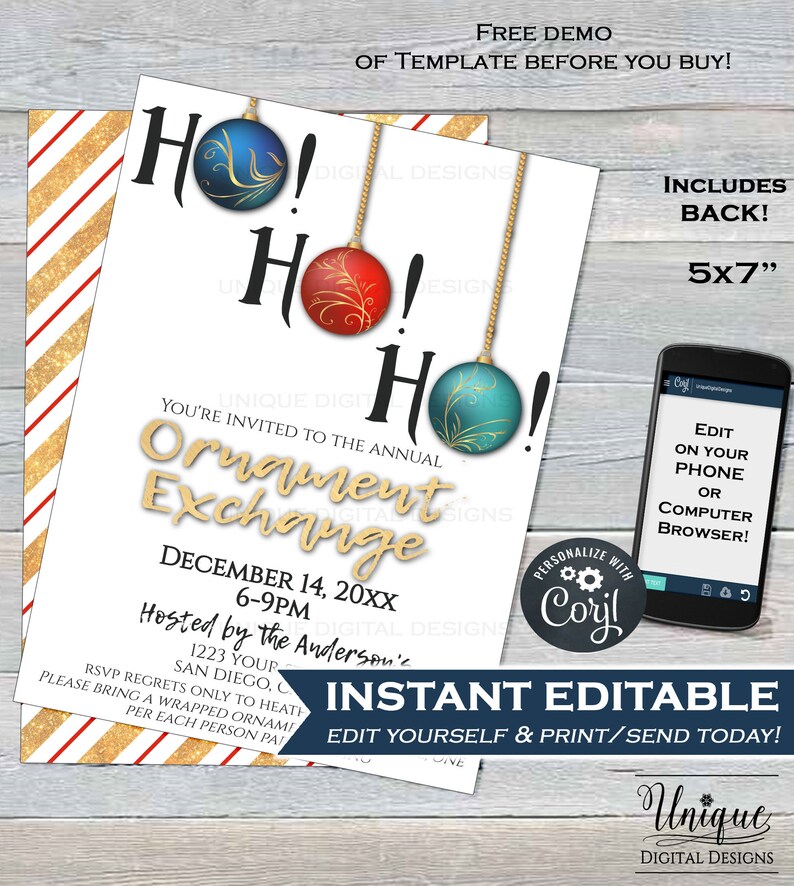 Ho Ho Ho Editable Ornament Swap Invite Holiday Party Decoration Gift Printable INSTANT ACCESS 5x7 Christmas Ornament Exchange Invitation