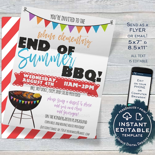 End of Summer BBQ Flyer, Editable School Open House Invite, Meet your Teacher Lunch pta Printable Invitation Digital Template INSTANT ACCESS