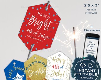 Sparkler Tag Template, Editable 4th of July Printable Favor Tags, Personalized Let's Sparkle Birthday Party Thank you diy INSTANT ACCESS