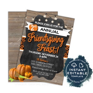Friendsgiving Invitation, Editable Potluck Invite, Thanksgiving Feast Dinner Party, Personalized Turkey Pumpkin Pie Printable INSTANT ACCESS