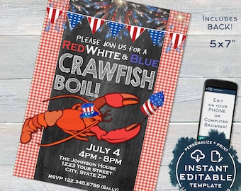 Crawfish Boil Invitation, Editable 4th of July Invite, Lobster Bake July 4th Party, Summer Backyard BBQ, Print Personalized INSTANT ACCESS