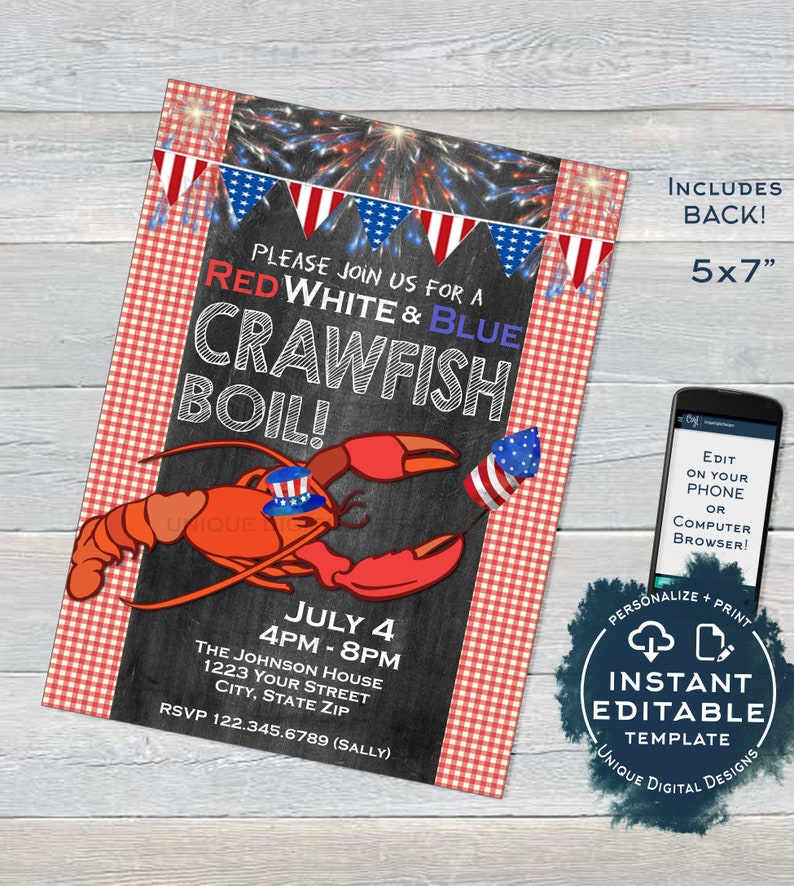 Crawfish Boil Invitation Editable 4th Of July Invite Lobster Bake July 4th Party Summer Backyard Bbq Print Personalized Instant Download