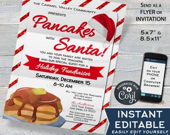 May include: A red and white striped background with a white flyer for a pancake breakfast fundraiser with Santa. The flyer says "Pancakes with Santa!" and "Holiday Fundraiser". The event is on Saturday, December 15th from 8-10 am at the Auditorium, 1223 Your Street, San Diego, CA 91223. The flyer also says "All-you-can-eat pancakes! $10 per adult, $5 per student".