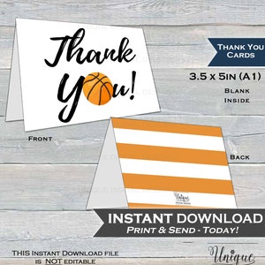 Carte de remerciement de basket-ball, anniversaire de basket-ball de sport, remerciement de basket-ball, carte de remerciement pliée, fête d'anniversaire imprimable ACCÈS INSTANTANÉ A1