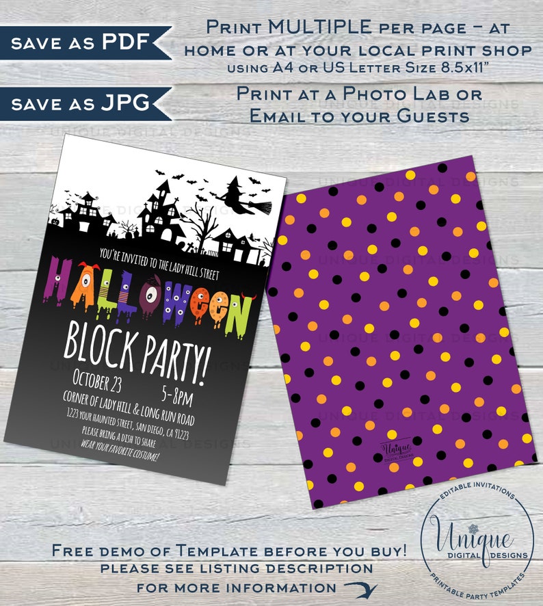 May include: Halloween block party invitation with a black and purple color scheme. The front features a haunted house silhouette, bats, and the words "Halloween Block Party!" The back has a purple background with orange and black polka dots.