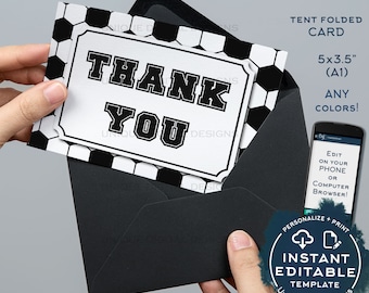 Soccer Thank You Card, Editable Soccer Party Printable Black White Sports Theme Thank you Folded Card Blank Inside Template INSTANT ACCESS