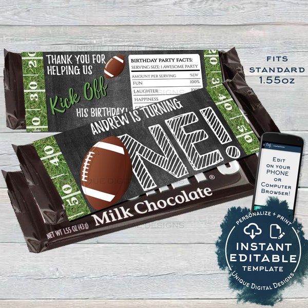 Football 1st Birthday Chocolate Bar Label, Editable First Birthday Candy Bar Wrap diy Football Party Printable INSTANT ACCESS 1.55oz UBFT