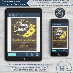 May include: Editable baby shower invitation template featuring a rustic wood background with a wreath of sunflowers and white flowers. The text reads "Please join us for a Baby Shower honoring Heather Anderson".