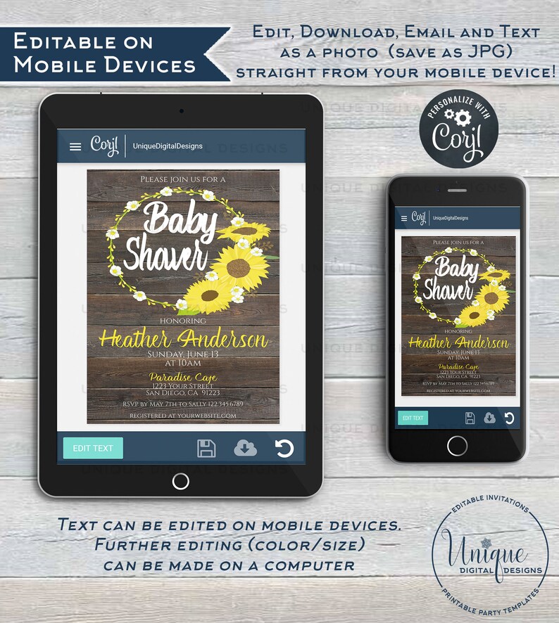 May include: Editable baby shower invitation template featuring a rustic wood background with a wreath of sunflowers and white flowers. The text reads "Please join us for a Baby Shower honoring Heather Anderson".