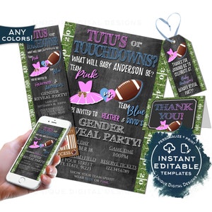 Kit di invito per rivelazione del sesso del bambino nel football, invito modificabile per biglietti di tutù o touchdown, stampabili per lui o lei, squadra blu, squadra rosa, bambino ISTANTANEO