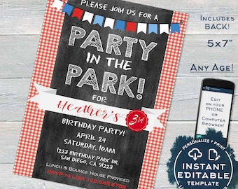 Park Birthday Party Invitation, Editable BBQ Picnic Party in the Park Party Invite, Playground Any Age Printable Custom INSTANT ACCESS 5x7