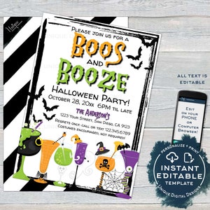 Invitación de Boos and Booze, invitación editable para fiesta de Halloween, cóctel de cerveza de cumpleaños, fiesta de disfraces espeluznante de Boos and Brews, acceso instantáneo