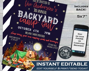 Backyard Camping Invitation, Editable Birthday Bonfire Party Invite, Glamping Sleepover Campout Birthday Invitation Smores, INSTANT ACCESS