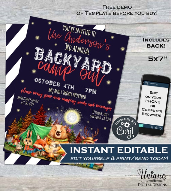 Backyard Camping Invitation Editable Birthday Bonfire Party Etsy