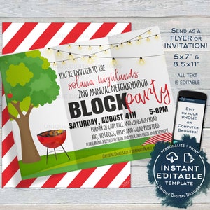 Może przedstawiać: Edytowalny szablon zaproszenia na imprezę blokową. Zaproszenie zawiera czerwono-białe paski w tle, zielone drzewo z czerwonym jabłkiem, grill z ogniem i tekst, który brzmi: "Solana Highlands 2nd Annual Neighborhood Block Party Sobota, 4 sierpnia 5-8pm Róg Lady Hill i Long Run Road BBQ, Hot Dogi, Chipsy i Sałatka Dostępne Prosimy o przyniesienie deseru do podzielenia się i własne krzesło i napoje!"