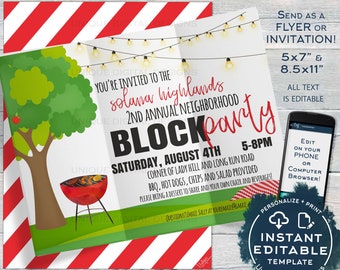 Pode incluir: Modelo editável para um convite para uma festa de bairro. O convite apresenta um fundo listrado vermelho e branco, uma árvore verde com uma maçã vermelha, uma churrasqueira com fogo e texto que diz "Solana Highlands 2nd Annual Neighborhood Block Party Sábado, 4 de agosto 5-8pm Canto de Lady Hill e Long Run Road BBQ, Hot Dogs, Batatas Fritas e Salada Fornecidas Por favor, traga uma sobremesa para compartilhar e sua própria cadeira e bebidas!"