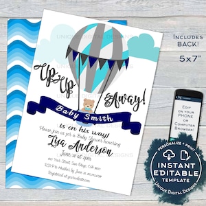 Hot Air Balloon Invitation, Editable Up Up and Away Invite, New Adventures Baby Shower, New Baby Boy Balloon Printable INSTANT ACCESS 5x7