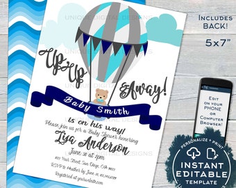 Hot Air Balloon Invitation, Editable Up Up and Away Invite, New Adventures Baby Shower, New Baby Boy Balloon Printable INSTANT ACCESS 5x7