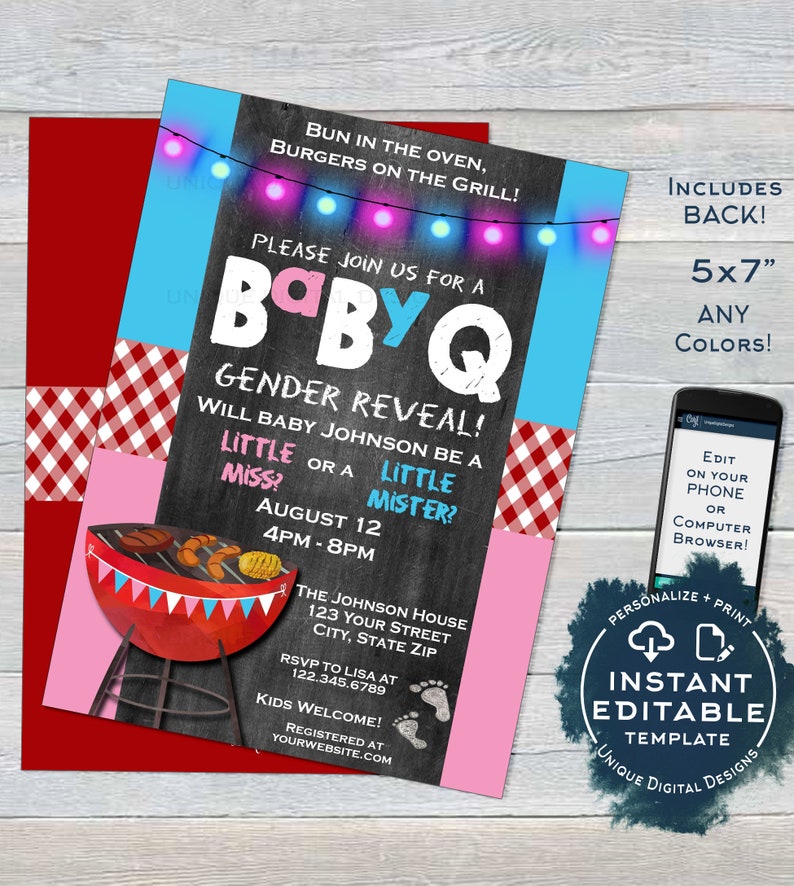 Babyq Gender Reveal Invitation Editable He or She BBQ Pink Etsy