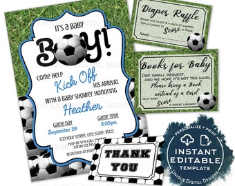 Editable Soccer Baby Shower Invitation, Kick Off Baby Boy Invite, Team Soccer Theme, Printable Thank You Diaper Raffle Books INSTANT ACCESS