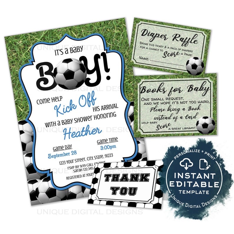 Editable Soccer Baby Shower Invitation, Kick Off Baby Boy Invite, Team Soccer Theme, Printable Thank You Diaper Raffle Books INSTANT ACCESS image 1