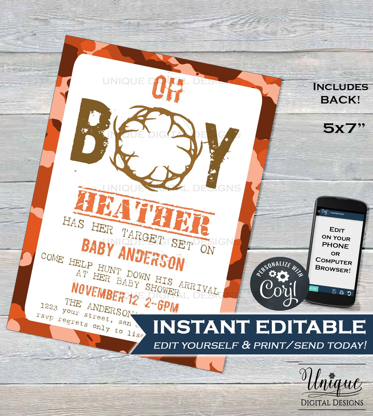 Hunting Baby Shower Invitation Editable Hunting Baby Boy Etsy