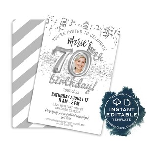 Invito modificabile per il 70° compleanno con foto, modello di invito per compleanno in platino, Guarda chi ha 70 anni, semplice kit stampabile per il 70° compleanno IMMEDIATO