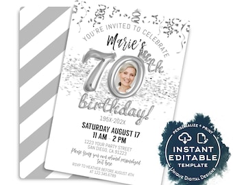 Editable 70th Birthday Invitation with Photo, Platinum Birthday Invite Template, Look Who's 70, Simple 70th Birthday Printable Kit INSTANT