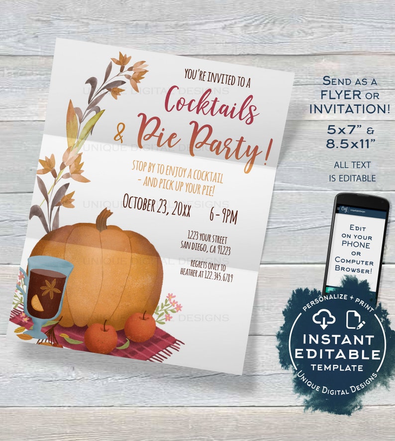 Pie Party Invite, Editable Cocktails and Pie Party Invite, Fall Party Invitation, Customer Appreciation Pumpkin Pie Printable INSTANT ACCESS 8.5x11 inches