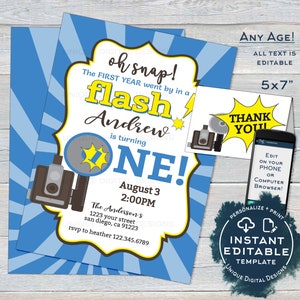 One in a Flash Birthday Invitation, Editable Oh Snap First Birthday Invite, Photo 1st Camera Film Party, Template Printable INSTANT ACCESS