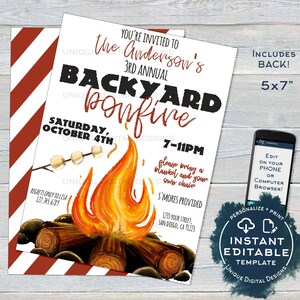 May include: An invitation to a backyard bonfire party. The invitation is white with red and black text. It features a watercolor illustration of a campfire with marshmallows on sticks. The text reads "You're invited to the Anderson's 3rd Annual Backyard Bonfire, Saturday, October 4th, 7-11pm. Please bring a blanket and your own chair. S'mores provided. 1233 Your Street, San Diego, CA 91223. Includes back! 5x7".