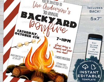Bonfire Invitation, Editable Bonfire Party Invitation, Backyard Bonfire Invite, Neighborhood Camping Smores Fall Party, INSTANT ACCESS 5x7