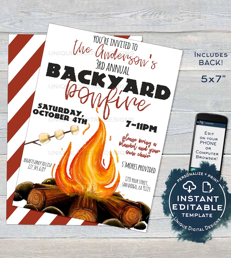May include: An invitation to a backyard bonfire party. The invitation is white with red and black text. It features a watercolor illustration of a campfire with marshmallows on sticks. The text reads "You're invited to the Anderson's 3rd Annual Backyard Bonfire, Saturday, October 4th, 7-11pm. Please bring a blanket and your own chair. S'mores provided. 1233 Your Street, San Diego, CA 91223. Includes back! 5x7".