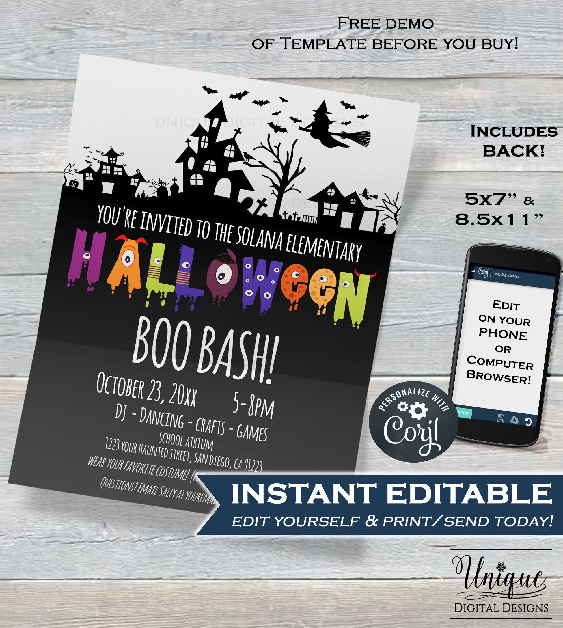 Halloween Boo Bash Invitations Editable School Event Flyer Etsy Uk