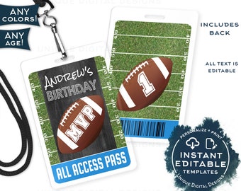 Football Birthday All Access Pass, Editable First Birthday Football Party vip Passes Birthday Badge Printable Template INSTANT ACCESS UBFT