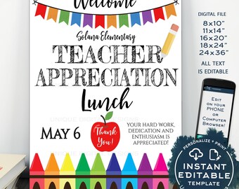 Teacher Appreciation Welcome Sign, Editable School Lunch Poster, Staff Appreciation Luncheon, diy PTA School Flyer Template INSTANT ACCESS