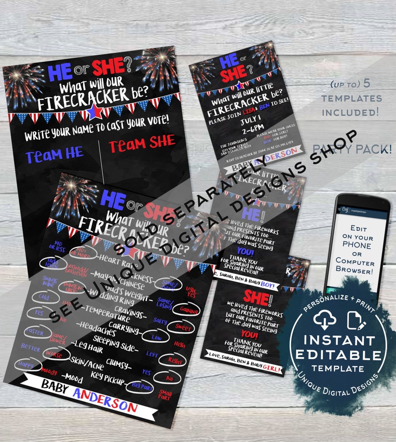 Editable 4th of July Firecracker Baby Shower July 4th bbq Printable INSTANT ACCESS Red White and Due Firecracker Gender Reveal Invitation