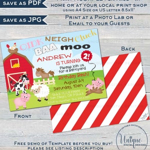 May include: A printable birthday party invitation with a barnyard theme. The front features a red barn, farm animals, and the text "Andrew is turning 2!" The back has red and white diagonal stripes.
