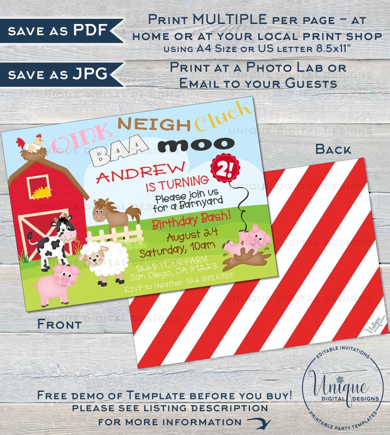 May include: A printable birthday party invitation with a barnyard theme. The front features a red barn, farm animals, and the text "Andrew is turning 2!" The back has red and white diagonal stripes.