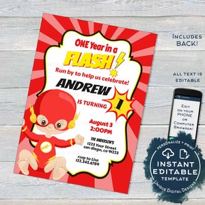 One Year in a Flash Superhero Invitation, Editable 1st Superhero Party First Birthday Invite, ANY Age, diy Digital Printable INSTANT ACCESS